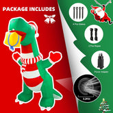 Inflatable dinosaur decoration with Christmas sweater and accessories on a red and green background